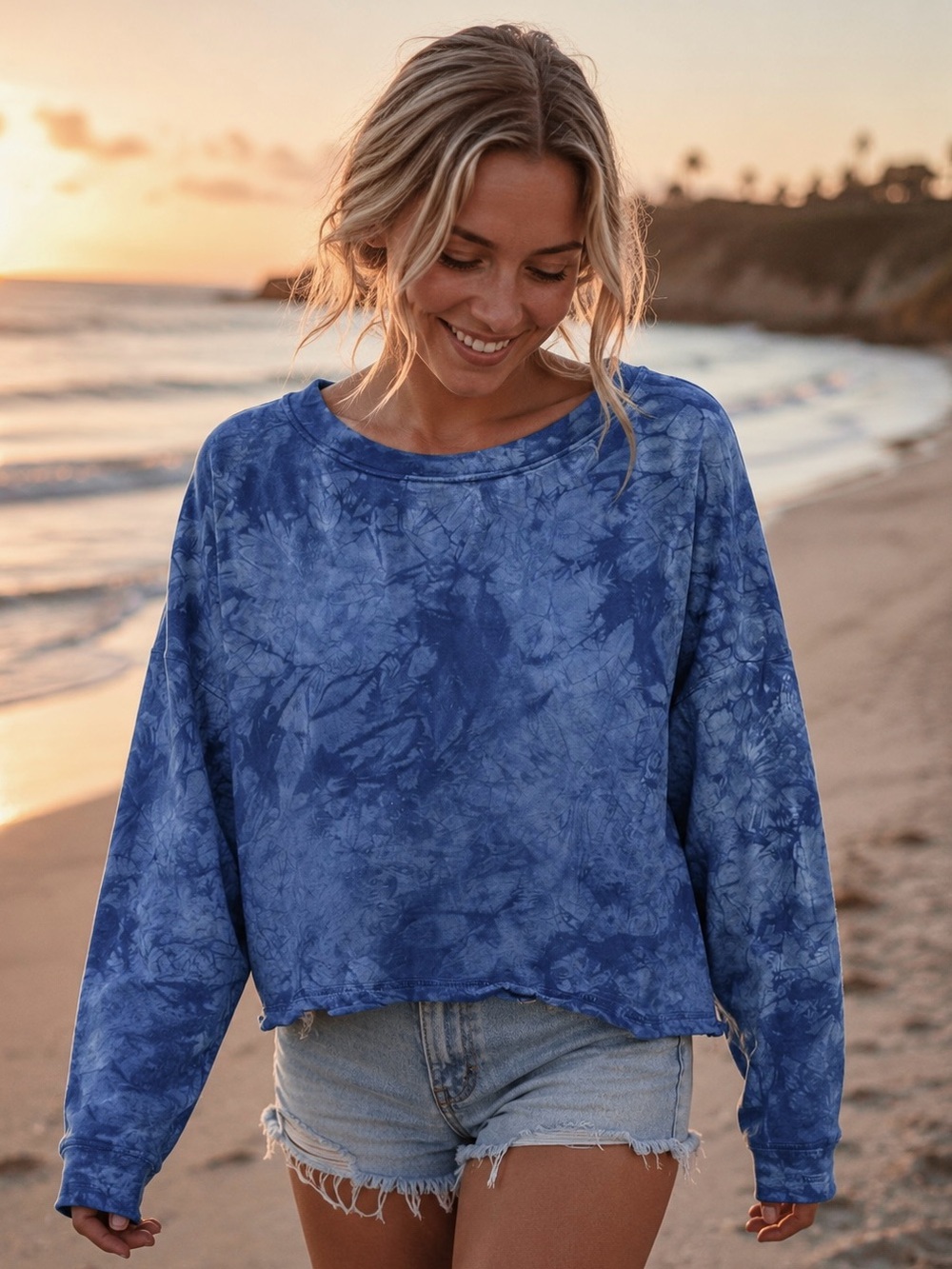 Vintage Tie Dye Oversized Crop Sweatshirt Wide Neck Slouchy Top USA Small